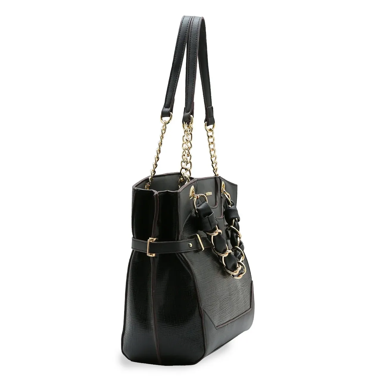 Bolsa Chenson preta vista lateral mostrando formato estruturado e alças duplas com corrente dourada